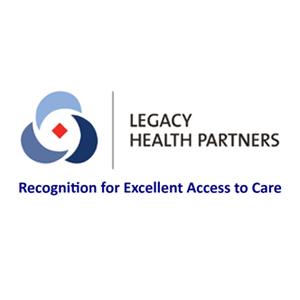 A Legacy Health Partners logo with half moons in a circular design in shades of blue with the text Recognition for Excellent Access to Care.