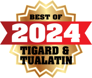 A gold star badge with the year 2024 on a red ribbon recognizes Pediatric Associates of the Northwest as the best of Tigard & Tualatin.